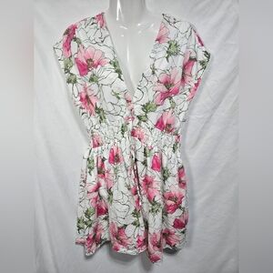 Floral Mini Dress Pink White Cotton V Neck Smocked Waist Sleeveless Size M